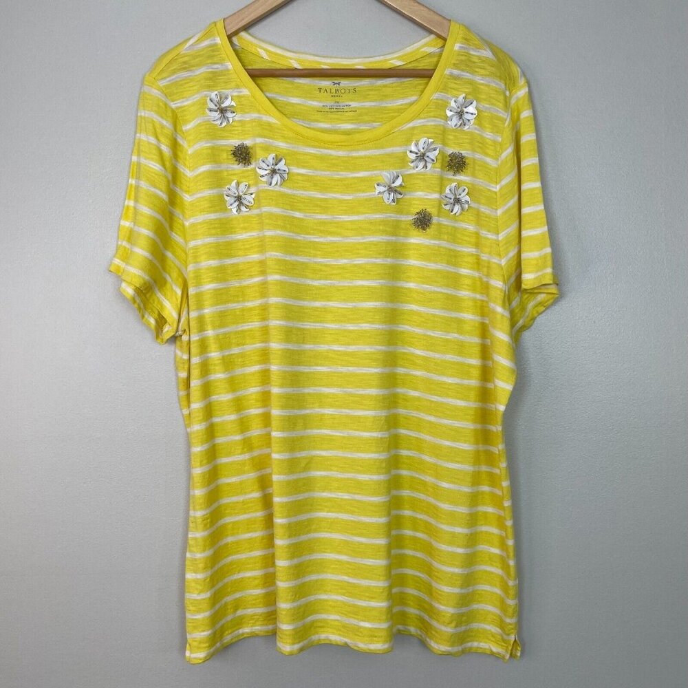 Talbots Top 2X Yellow White Striped Beaded Embellished Short Sleeve Shirt Womens